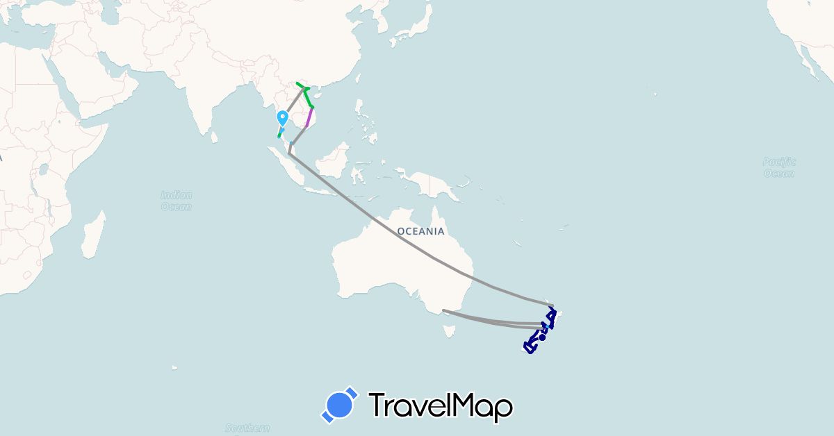 TravelMap itinerary: driving, bus, plane, train, boat in Australia, Malaysia, New Zealand, Thailand, Vietnam (Asia, Oceania)